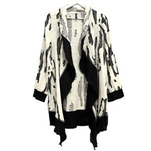 Khangura Jacket Small White Linen Blend Ruffle Open Front Animal Print Lagenlook